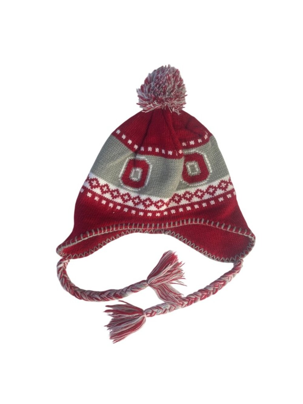 Ohio State Knit Winter Hat Braided Tassels Pom Red‎ Gray OS 47 Brand